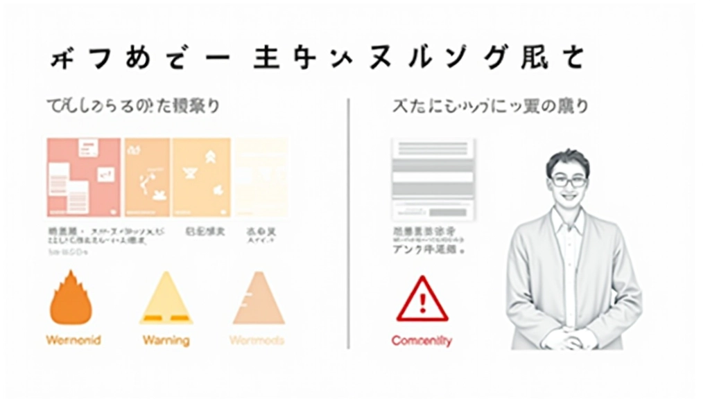 パターンとアイコンを組み合わせた情報デザイン例、色の有無で比較された表示
